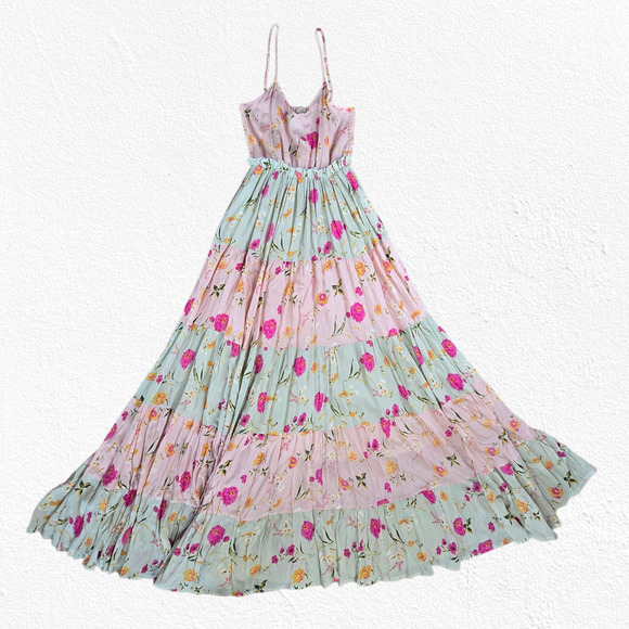 Raga Pink Mint Floral Tiered Maxi Dress Boho Festival Smocked Back Size XS NWT - Picture 4 of 14